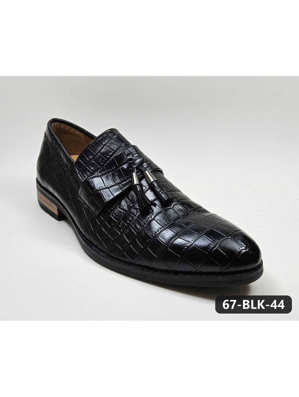Men's Black Croc-Embossed Tassel Loafers with Silver Tassel Caps